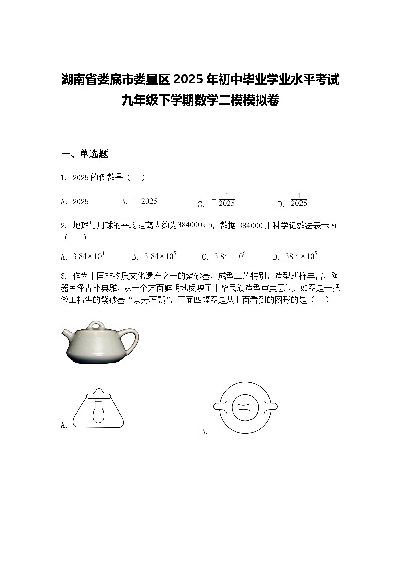 湖南省娄底市娄星区2025年初中毕业学业水平考试九年级下学期数学二模模拟卷（含答案解析）第1页