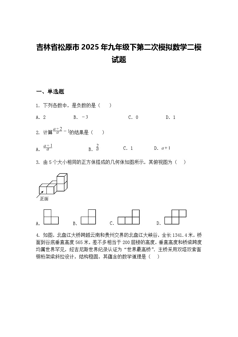 吉林省松原市2025年九年级下第二次模拟数学二模试题（含答案解析）第1页