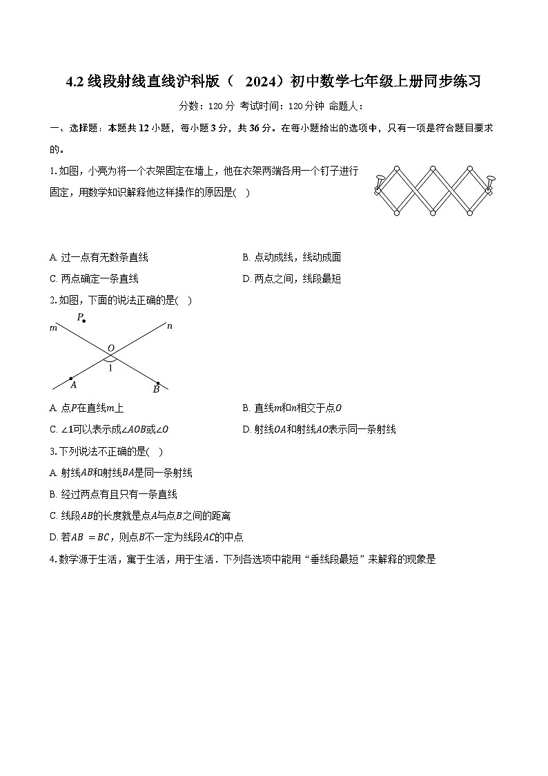 4.2线段 射线 直线 沪科版（2024）初中数学七年级上册同步练习（含详细答案解析）第1页