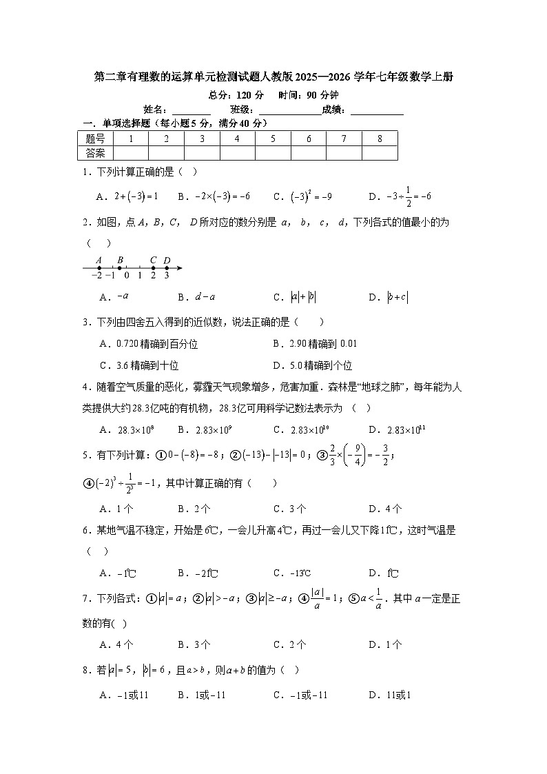 第二章有理数的运算单元检测试题人教版2025—2026学年七年级数学上册（含参考答案）第1页