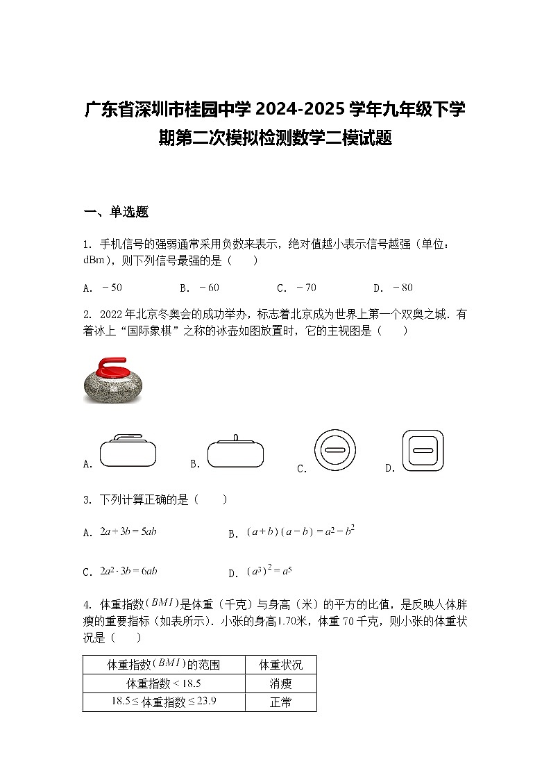 广东省深圳市桂园中学2024-2025学年九年级下学期第二次模拟检测数学二模试题（含答案解析）第1页