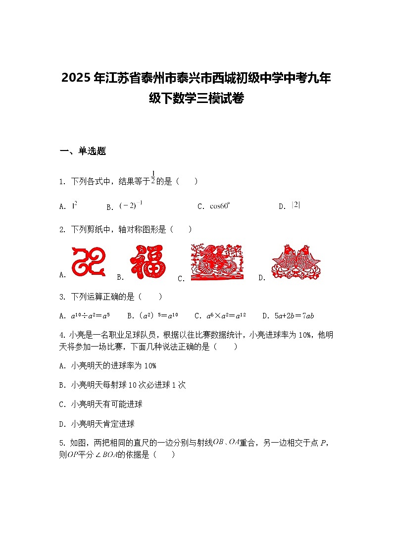 2025年江苏省泰州市泰兴市西城初级中学中考九年级下数学三模试卷（含答案解析）第1页