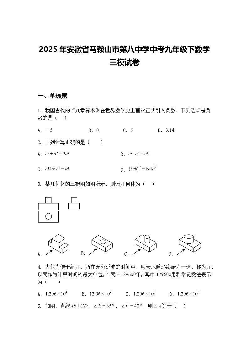 2025年安徽省马鞍山市第八中学中考九年级下数学三模试卷（含答案解析）第1页