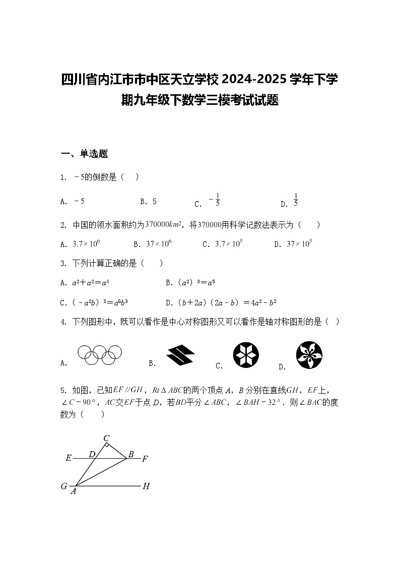 四川省内江市市中区天立学校2024-2025学年下学期九年级下数学三模考试试题（含答案解析）第1页