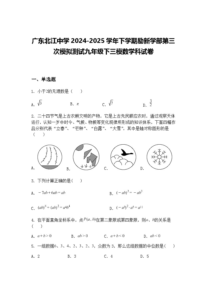 广东北江中学2024-2025学年下学期励新学部第三次模拟测试九年级下三模数学科试卷（含答案解析）第1页