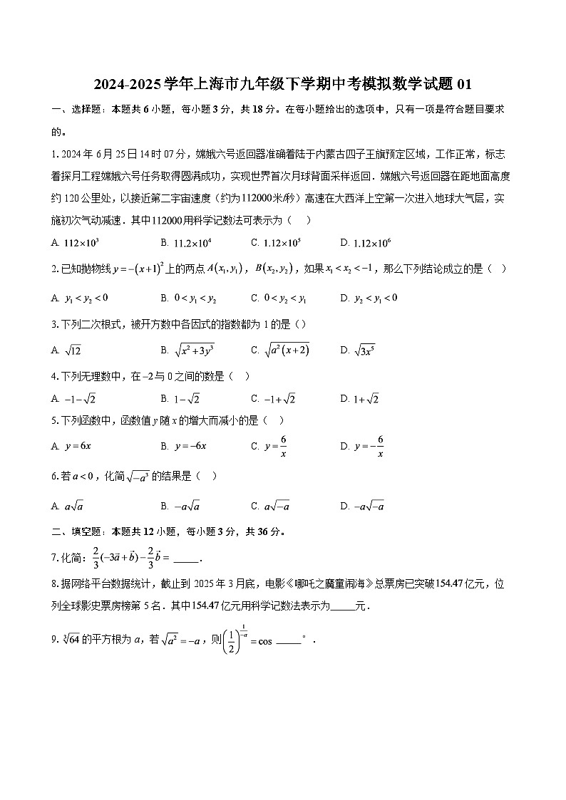 2024-2025学年上海市九年级下学期中考模拟数学试题01-自定义类型第1页
