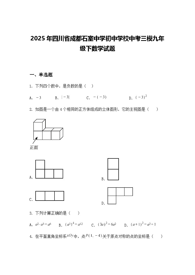 2025年四川省成都石室中学初中学校中考三模九年级下数学试题（含答案解析）第1页
