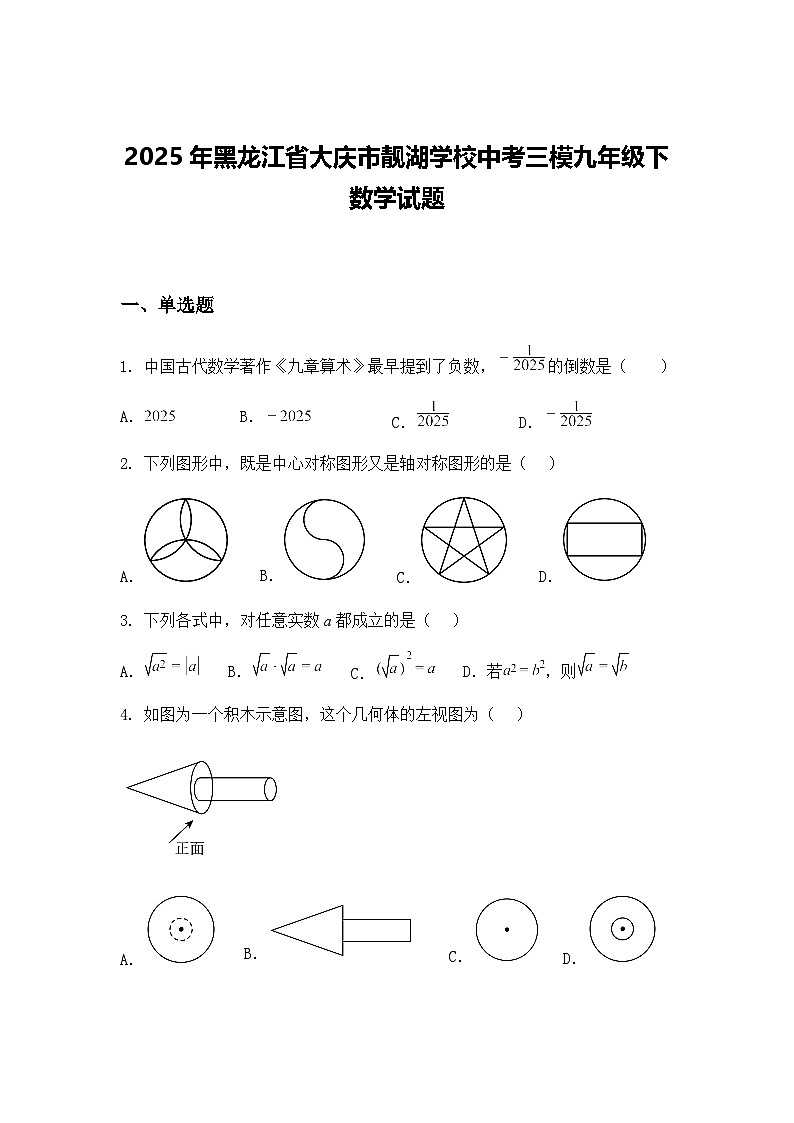 2025年黑龙江省大庆市靓湖学校中考三模九年级下数学试题（含答案解析）第1页