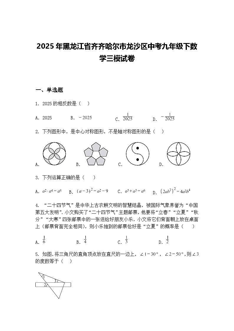 2025年黑龙江省齐齐哈尔市龙沙区中考九年级下数学三模试卷（含答案解析）第1页