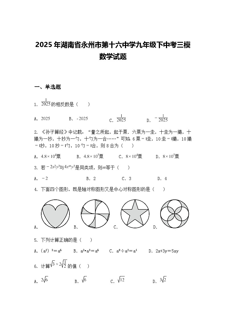 2025年湖南省永州市第十六中学九年级下中考三模数学试题（含答案解析）第1页
