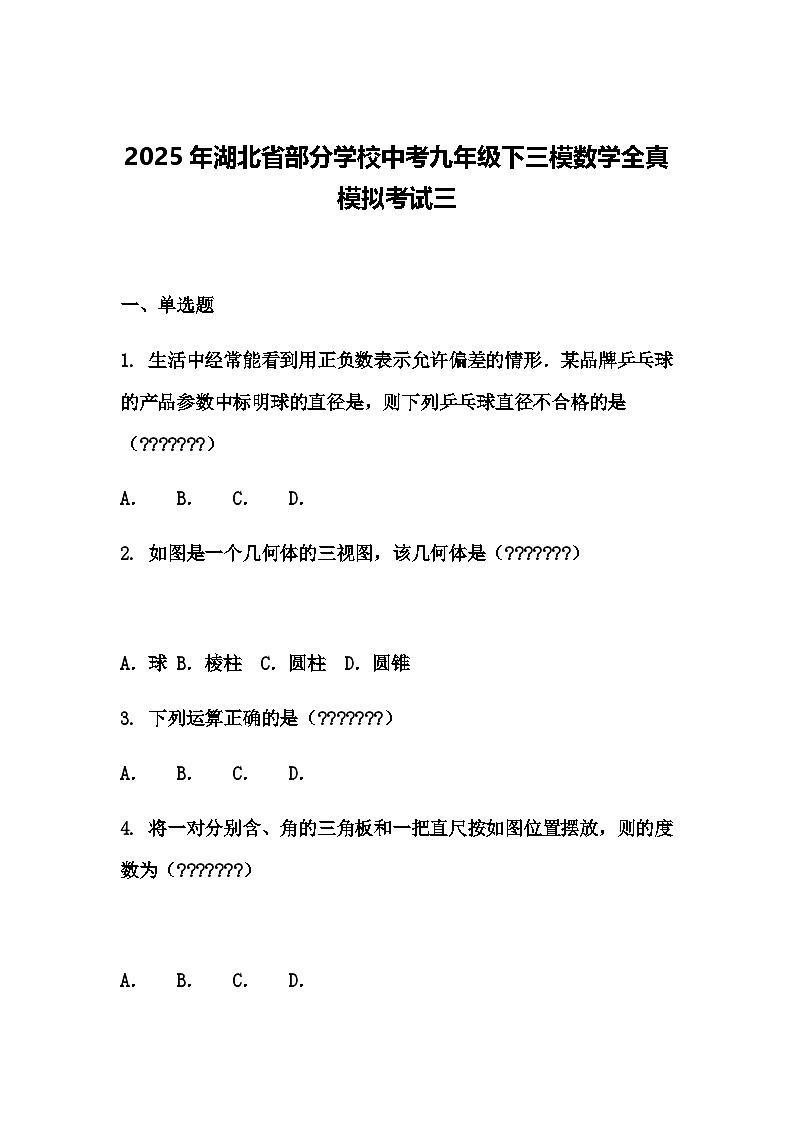 2025年湖北省部分学校中考九年级下三模数学全真模拟考试三（含答案解析）第1页