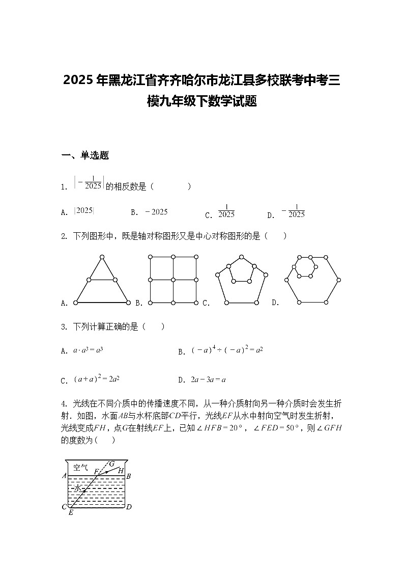2025年黑龙江省齐齐哈尔市龙江县多校联考中考三模九年级下数学试题（含答案解析）第1页