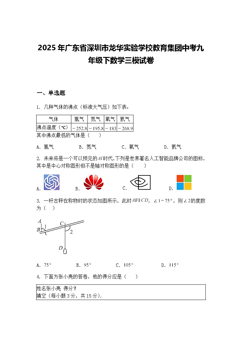 2025年广东省深圳市龙华实验学校教育集团中考九年级下数学三模试卷（含答案解析）第1页