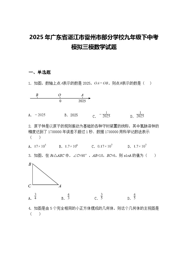 2025年广东省湛江市雷州市部分学校九年级下中考模拟三模数学试题（含答案解析）第1页