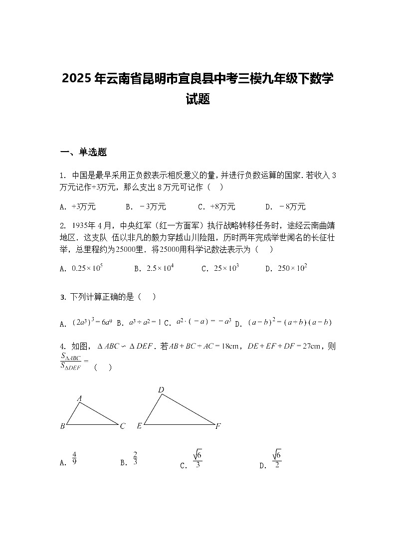 2025年云南省昆明市宜良县中考三模九年级下数学试题（含答案解析）第1页