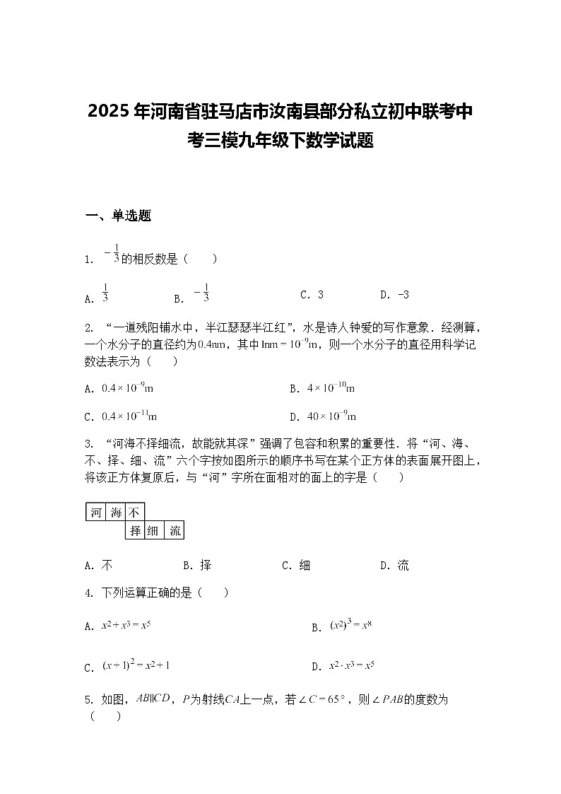2025年河南省驻马店市汝南县部分私立初中联考中考三模九年级下数学试题（含答案解析）第1页