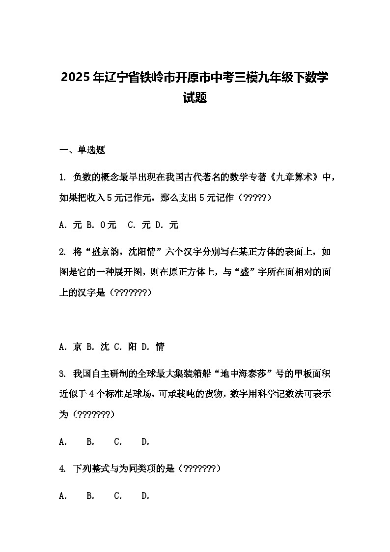 2025年辽宁省铁岭市开原市中考三模九年级下数学试题（含答案解析）第1页