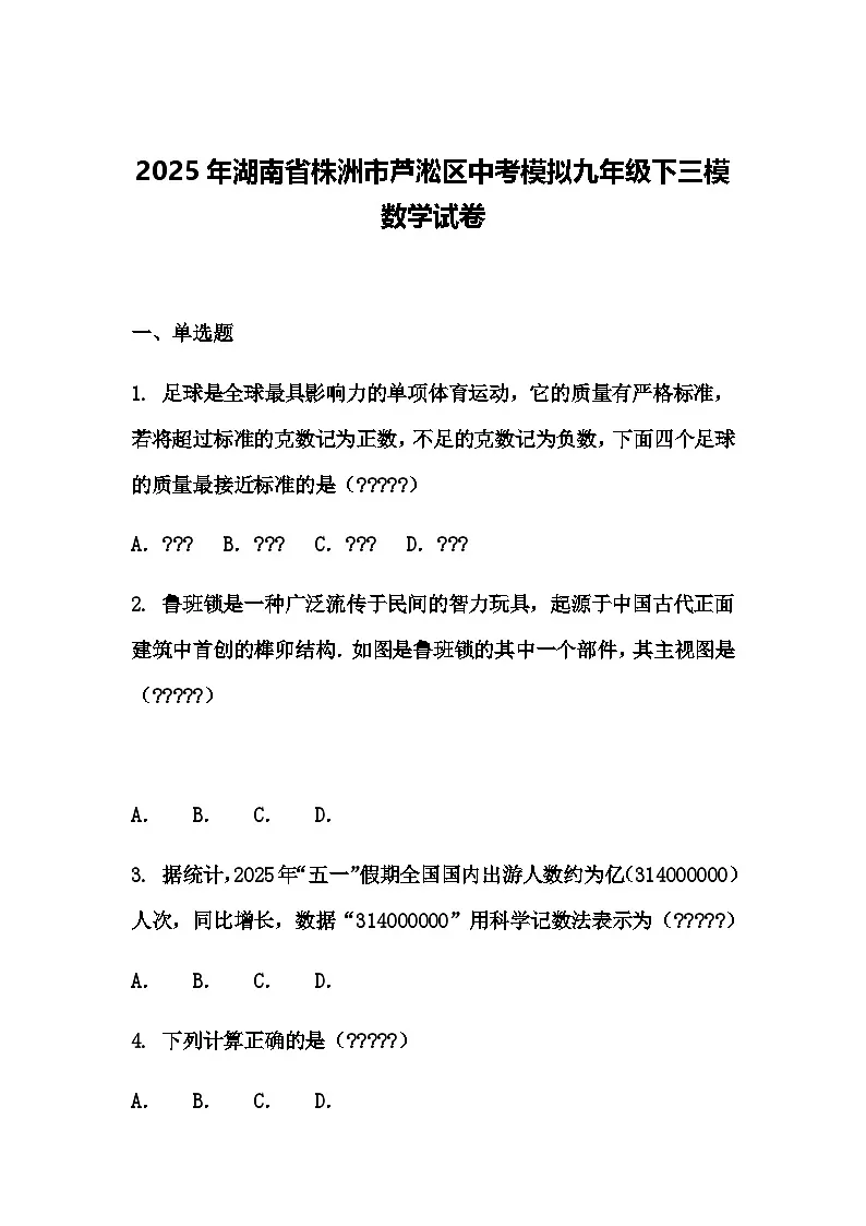 2025年湖南省株洲市芦淞区中考模拟九年级下三模数学试卷（含答案解析）第1页