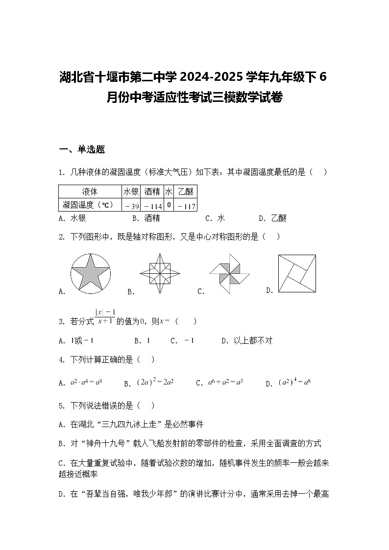 湖北省十堰市第二中学2024-2025学年九年级下6月份中考适应性考试三模数学试卷（含答案解析）第1页