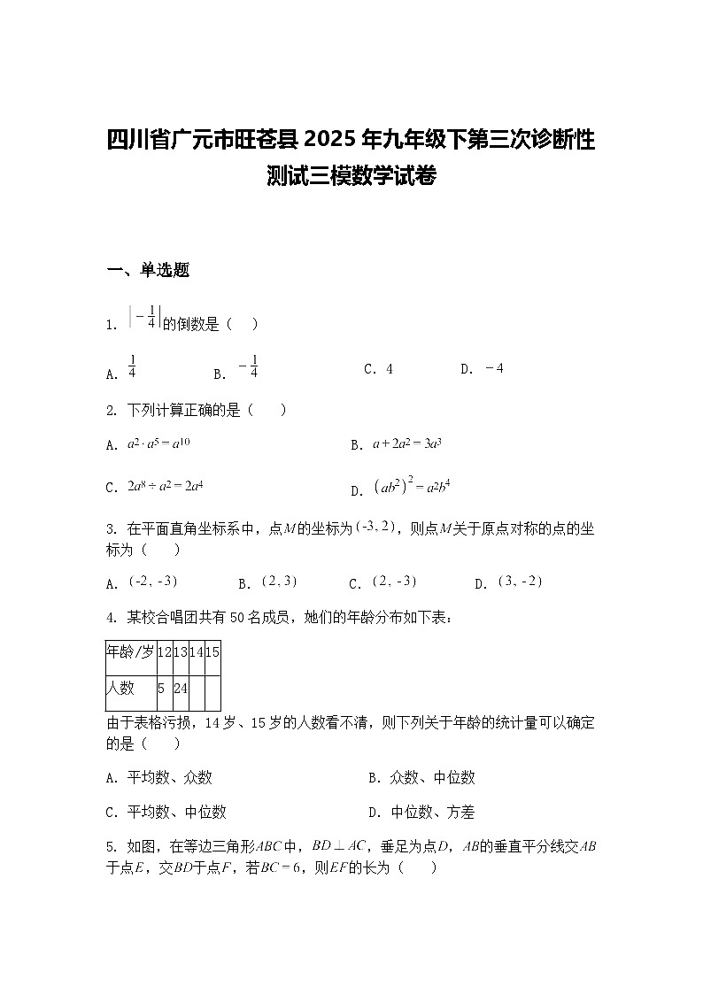 四川省广元市旺苍县2025年九年级下第三次诊断性测试三模数学试卷（含答案解析）第1页