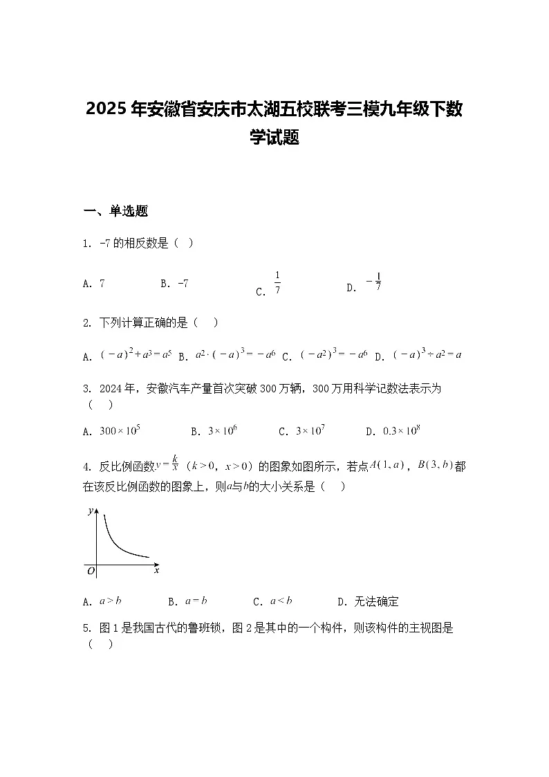 2025年安徽省安庆市太湖五校联考三模九年级下数学试题（含答案解析）第1页