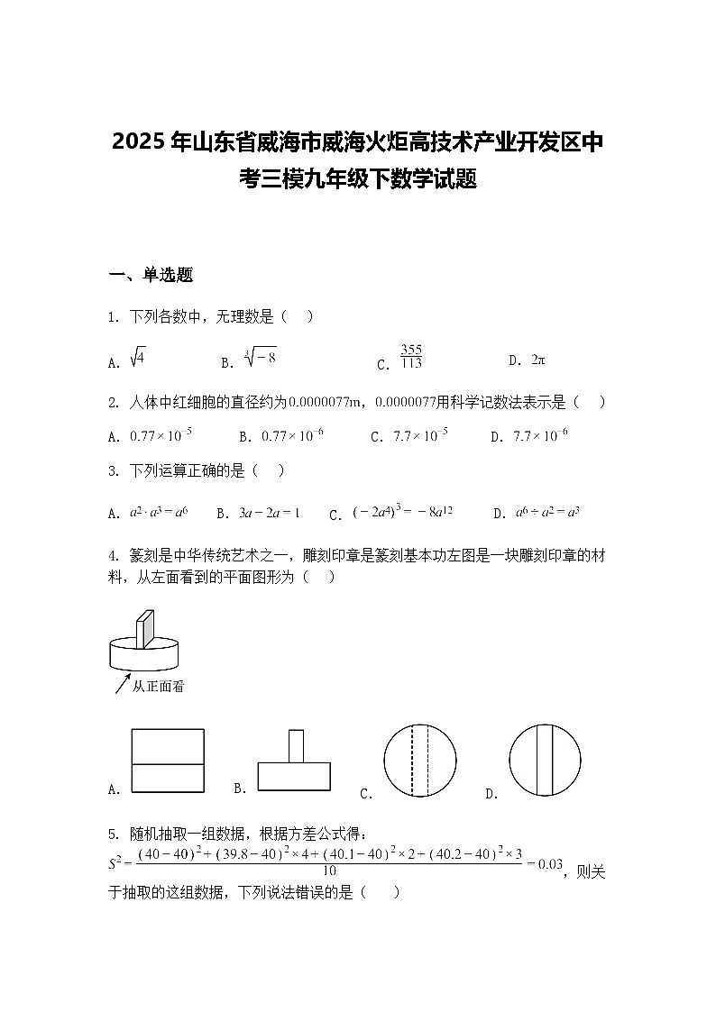 2025年山东省威海市威海火炬高技术产业开发区中考三模九年级下数学试题（含答案解析）第1页