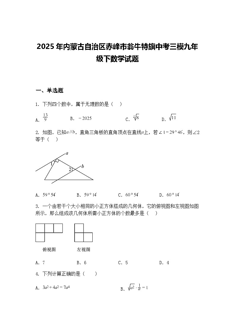 2025年内蒙古自治区赤峰市翁牛特旗中考三模九年级下数学试题（含答案解析）第1页