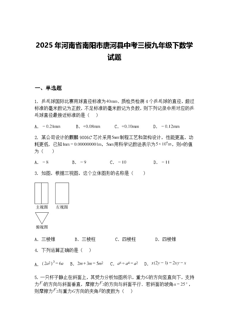 2025年河南省南阳市唐河县中考三模九年级下数学试题（含答案解析）第1页