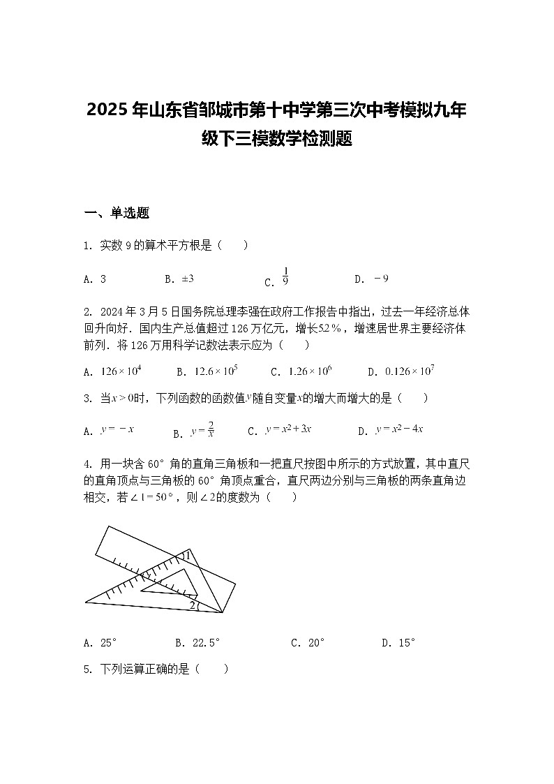 2025年山东省邹城市第十中学第三次中考模拟九年级下三模数学检测题第1页