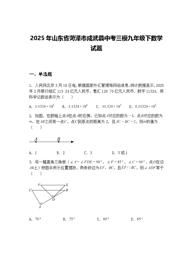 2025年山东省菏泽市成武县中考三模九年级下数学试题（含答案解析）第1页
