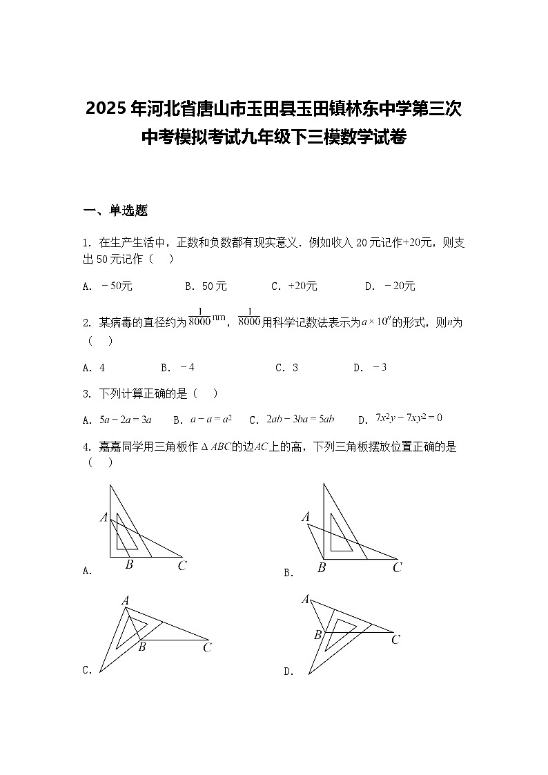 2025年河北省唐山市玉田县玉田镇林东中学第三次中考模拟考试九年级下三模数学试卷（含答案解析）第1页