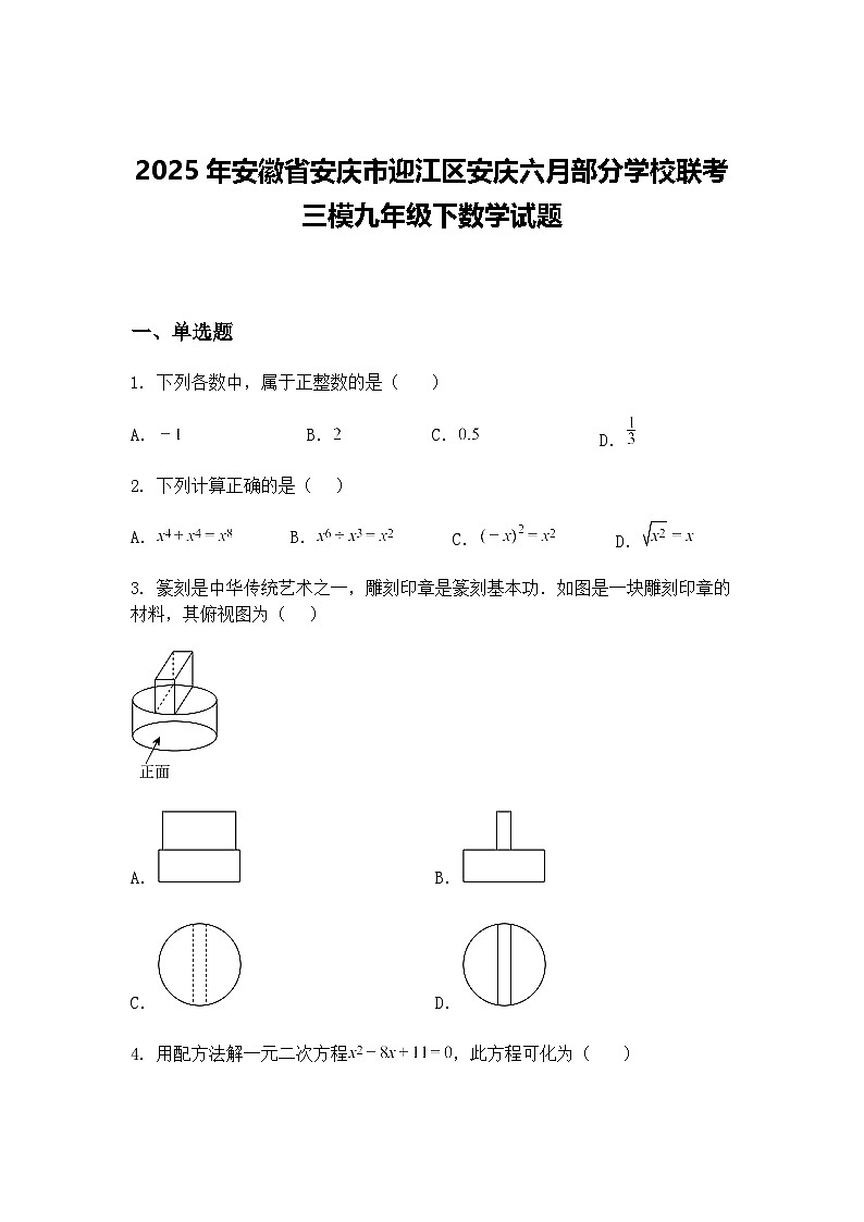 2025年安徽省安庆市迎江区安庆六月部分学校联考三模九年级下数学试题（含答案解析）第1页