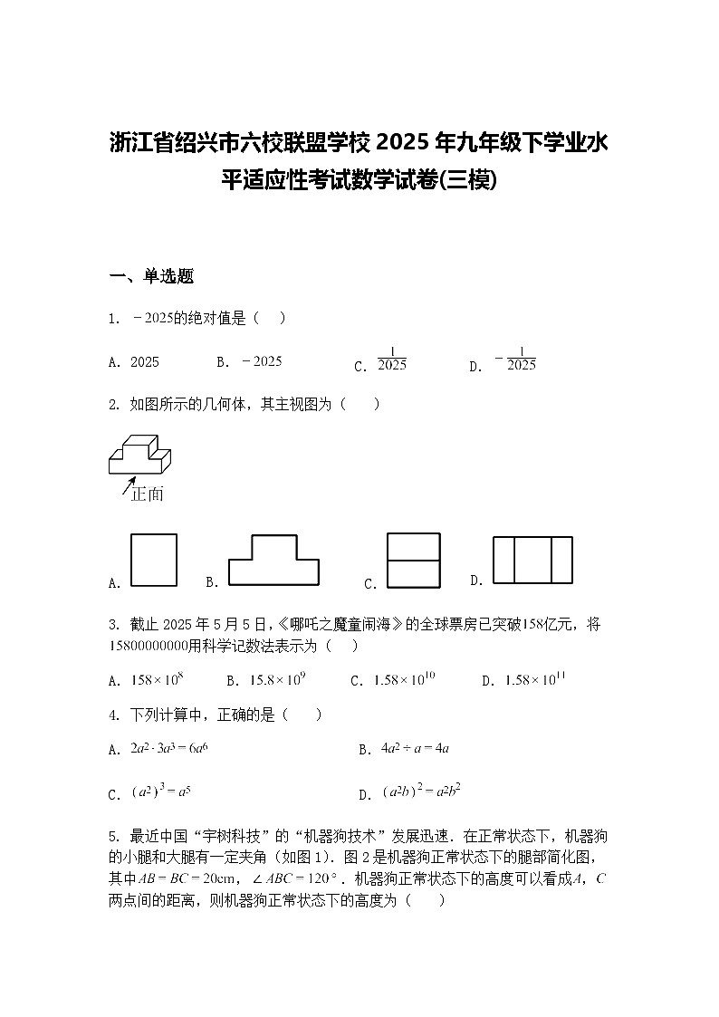 浙江省绍兴市六校联盟学校2025年九年级下学业水平适应性考试数学试卷(三模)（含答案解析）第1页