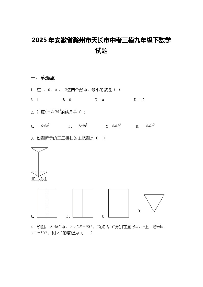 2025年安徽省滁州市天长市中考三模九年级下数学试题（含答案解析）第1页