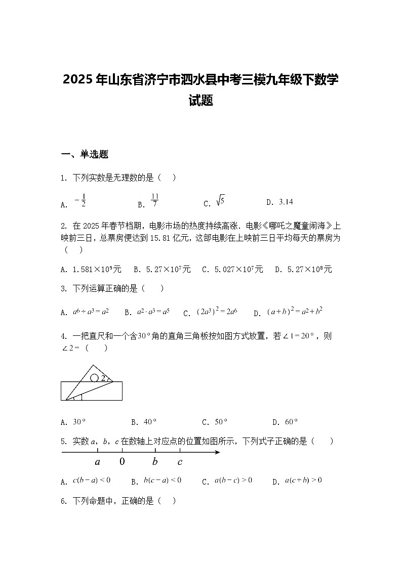 2025年山东省济宁市泗水县中考三模九年级下数学试题（含答案解析）第1页
