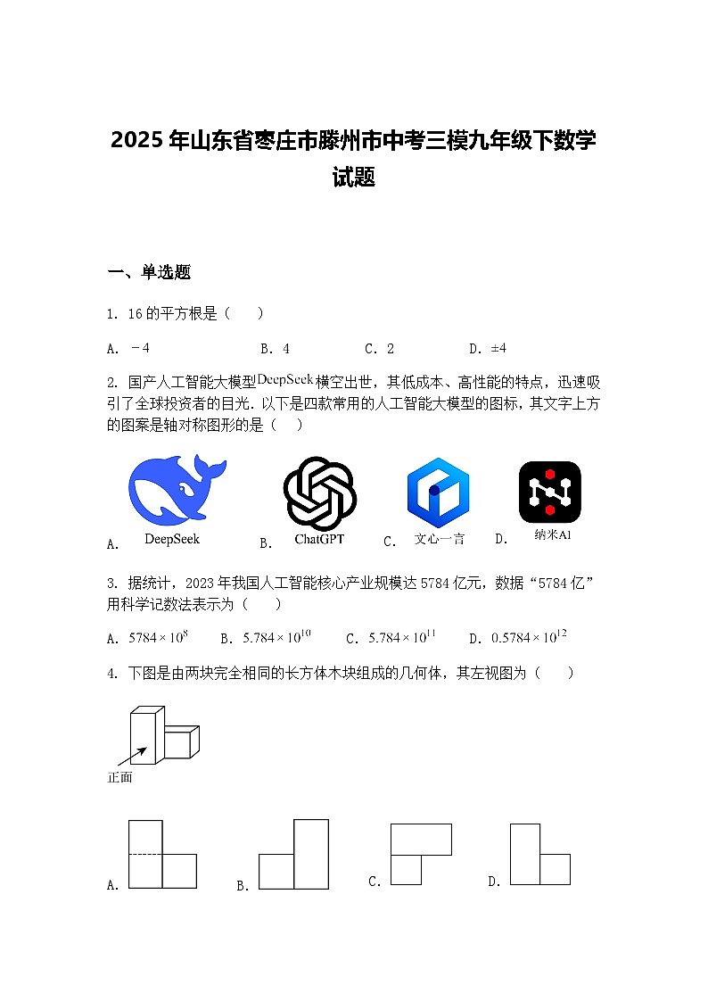 2025年山东省枣庄市滕州市中考三模九年级下数学试题（含答案解析）第1页