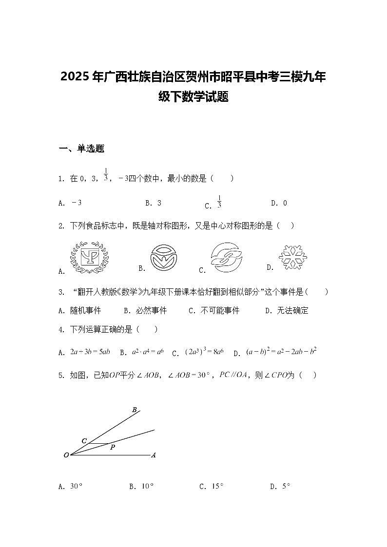 2025年广西壮族自治区贺州市昭平县中考三模九年级下数学试题（含答案解析）第1页