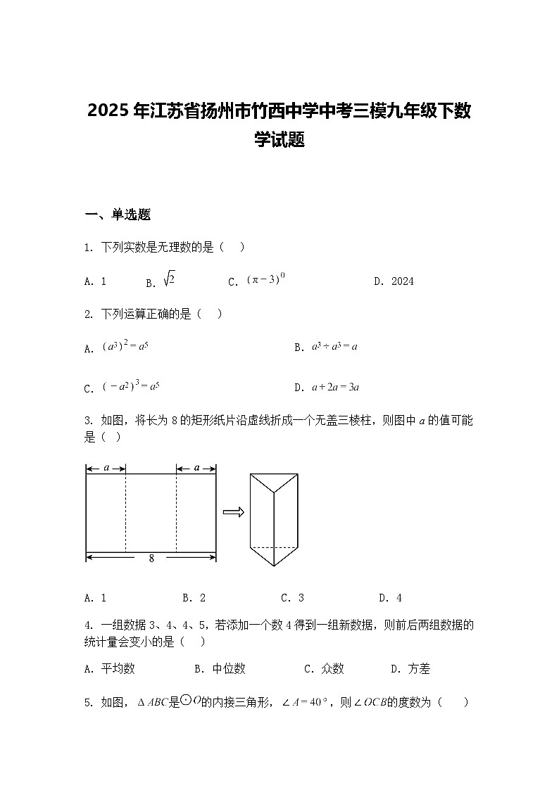 2025年江苏省扬州市竹西中学中考三模九年级下数学试题（含答案解析）第1页