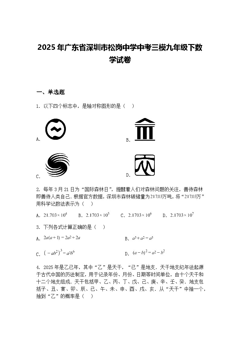 2025年广东省深圳市松岗中学中考三模九年级下数学试卷（含答案解析）第1页