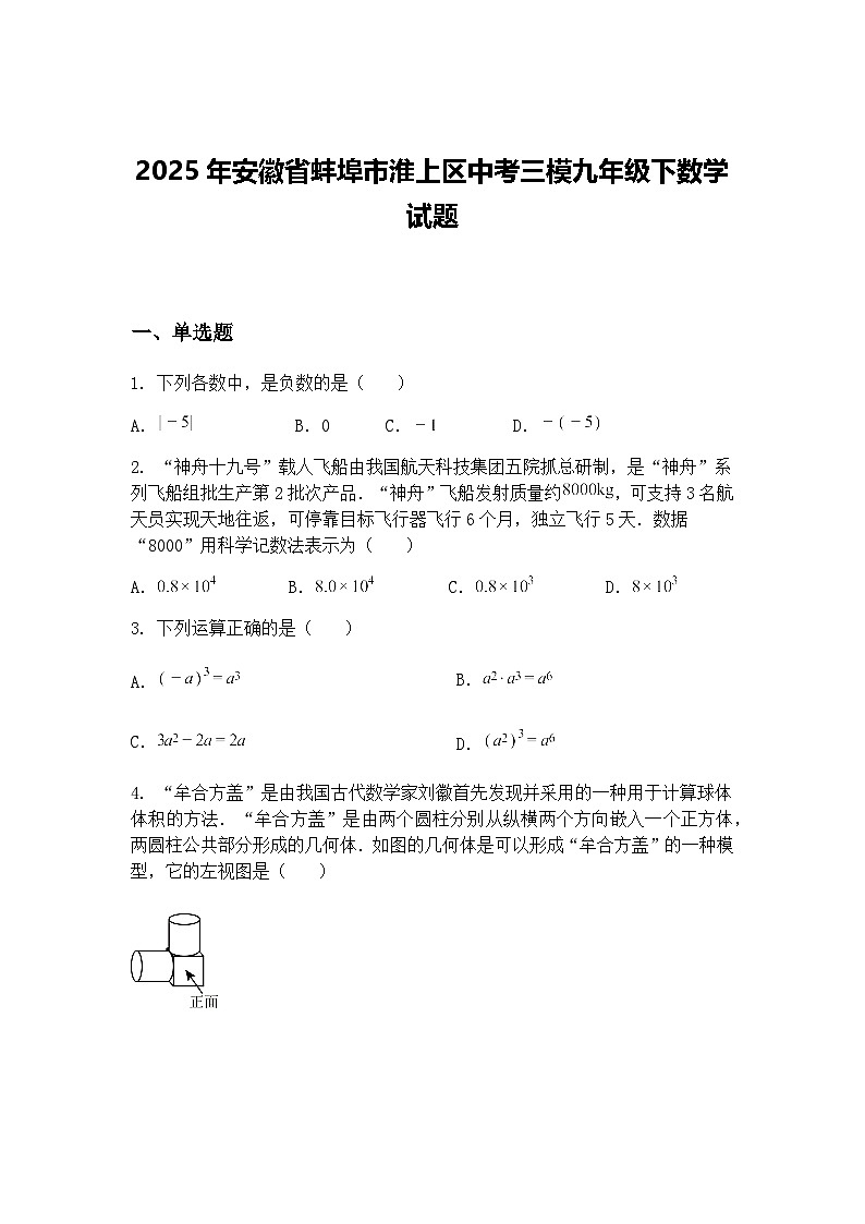 2025年安徽省蚌埠市淮上区中考三模九年级下数学试题（含答案解析）第1页