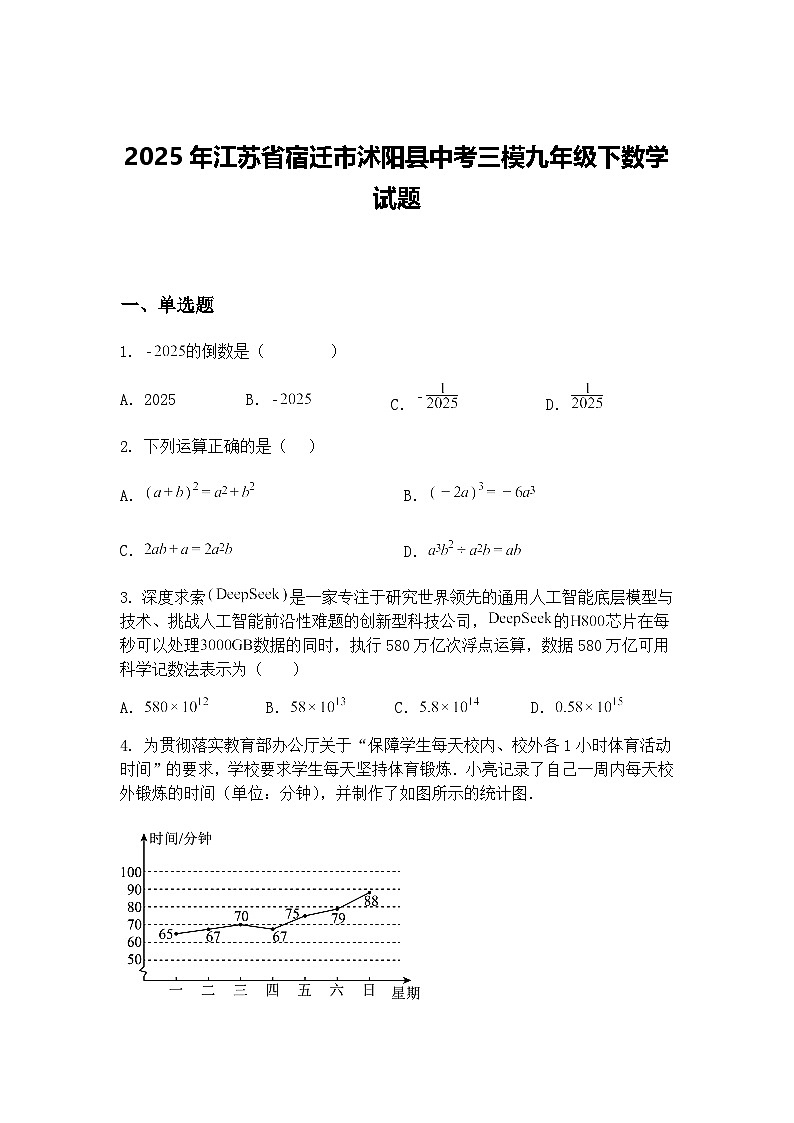 2025年江苏省宿迁市沭阳县中考三模九年级下数学试题（含答案解析）第1页