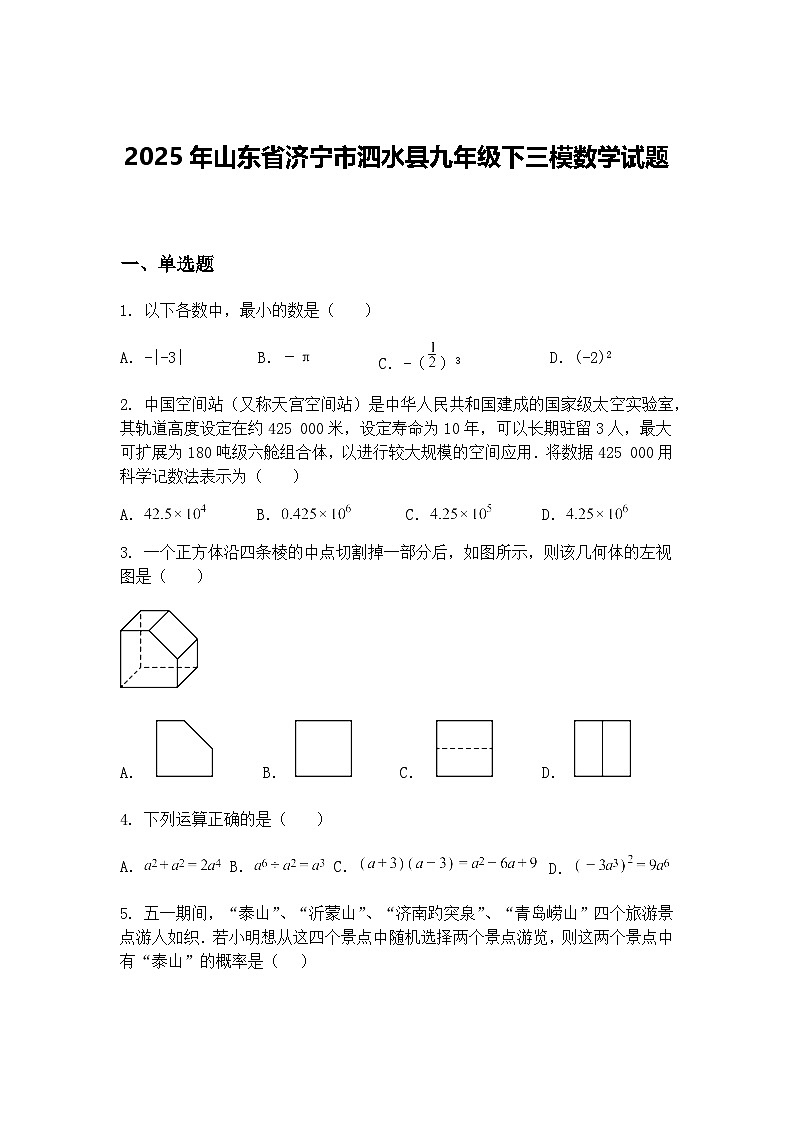2025年山东省济宁市泗水县九年级下三模数学试题（含答案解析）第1页