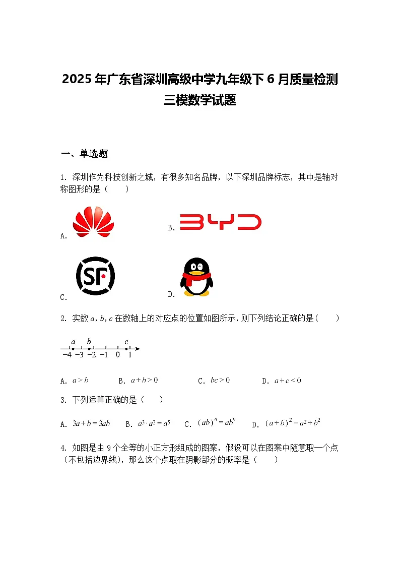 2025年广东省深圳高级中学九年级下6月质量检测三模数学试题（含答案解析）第1页