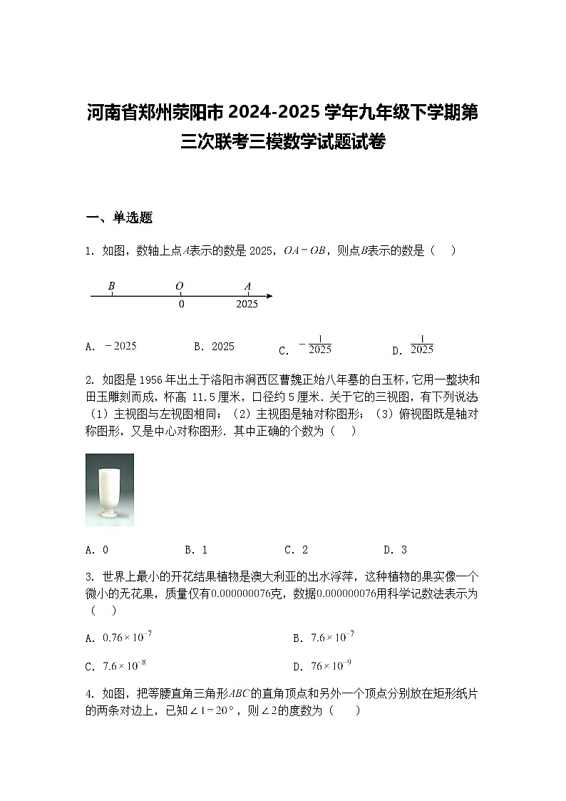 河南省郑州荥阳市2024-2025学年九年级下学期第三次联考三模数学试题试卷（含答案解析）第1页