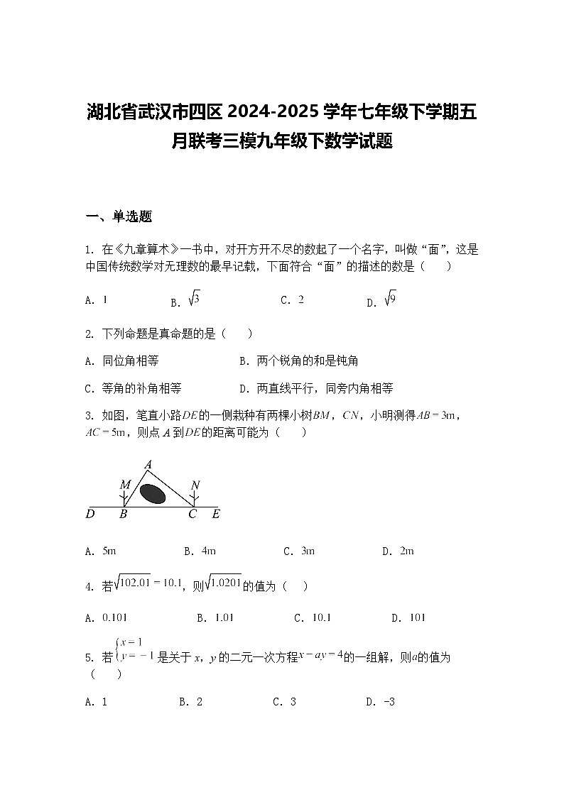 湖北省武汉市四区2024-2025学年七年级下学期五月联考三模九年级下数学试题（含答案解析）第1页