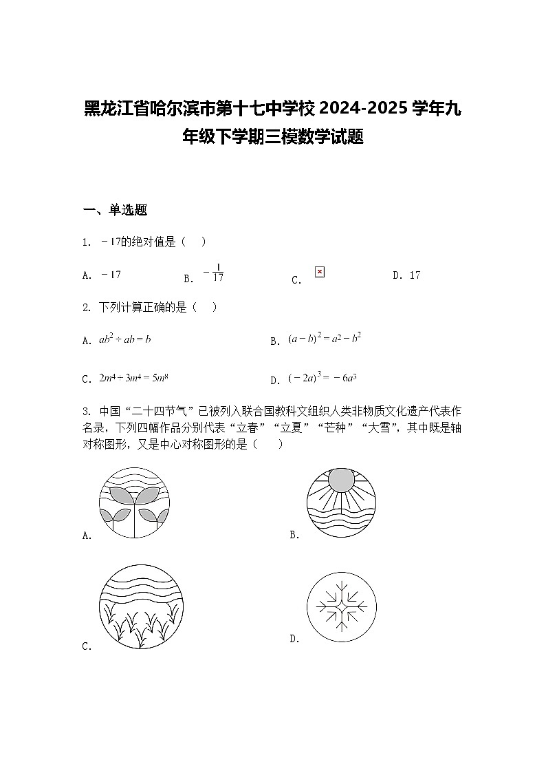 黑龙江省哈尔滨市第十七中学校2024-2025学年九年级下学期三模数学试题（含答案解析）第1页