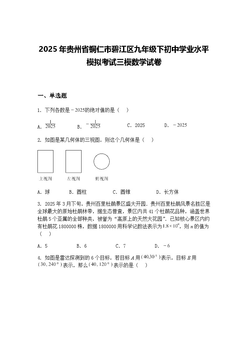 2025年贵州省铜仁市碧江区九年级下初中学业水平模拟考试三模数学试卷（含答案解析）第1页
