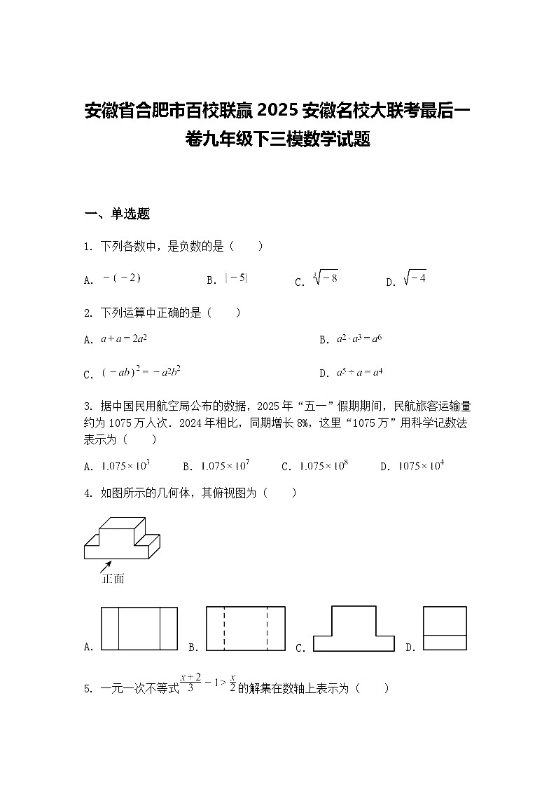 安徽省合肥市百校联赢2025安徽名校大联考最后一卷九年级下三模数学试题（含答案解析）第1页