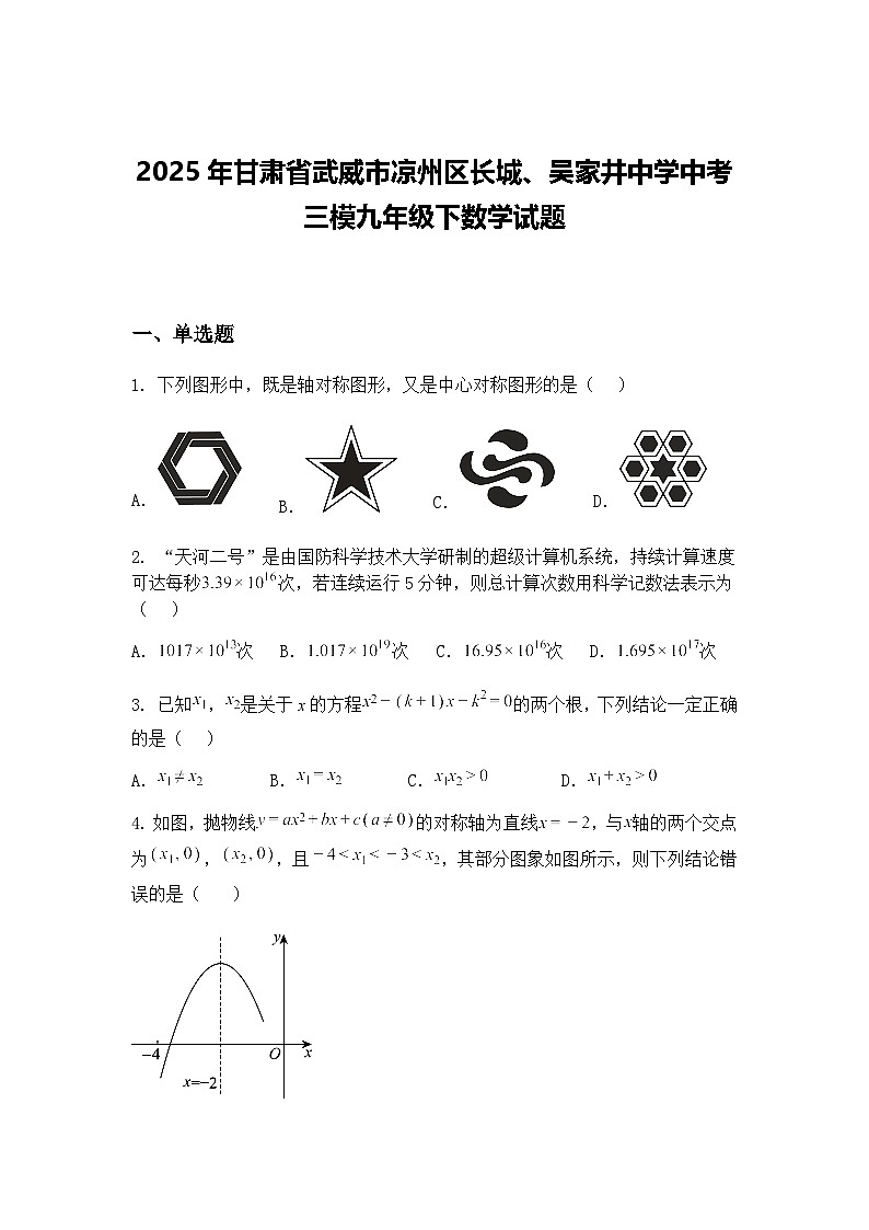 2025年甘肃省武威市凉州区长城、吴家井中学中考三模九年级下数学试题（含答案解析）第1页