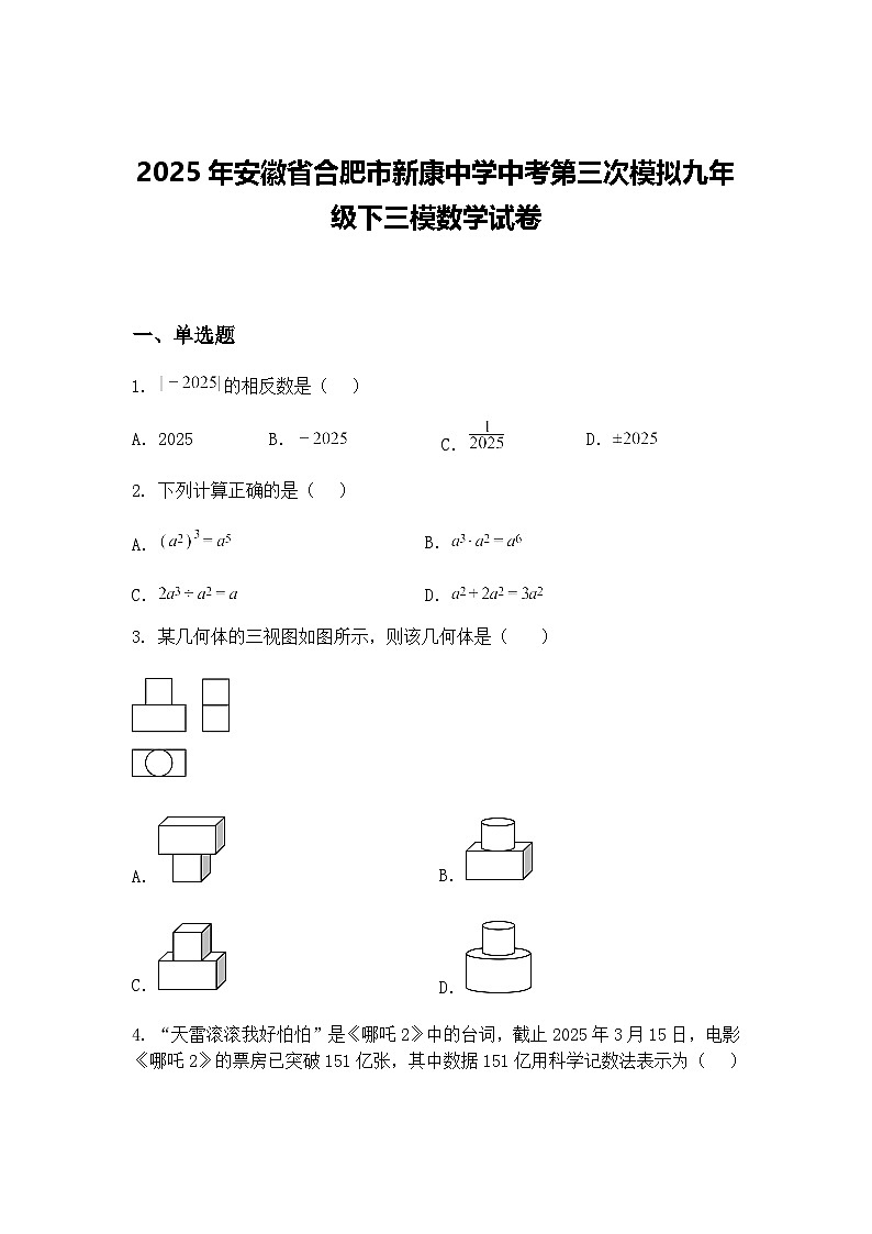 2025年安徽省合肥市新康中学中考第三次模拟九年级下三模数学试卷（含答案解析）第1页